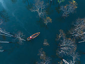 Drone view fisherman in Tuyen Lam lake