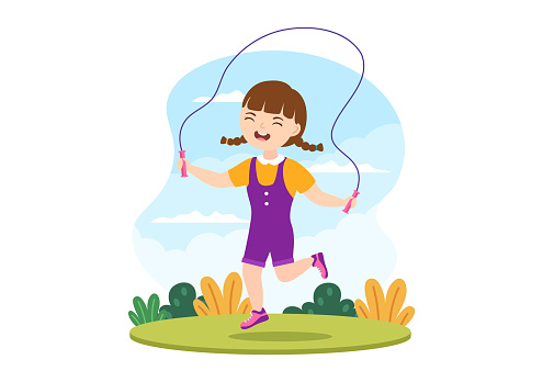 Jump Rope Illustration with Kids Playing Skipping Wear Sportswear in Indoor Fitness Sport Activities Flat Cartoon Hand Drawn Templates