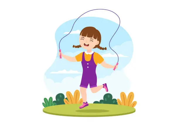 Vector illustration of Jump Rope Illustration with Kids Playing Skipping Wear Sportswear in Indoor Fitness Sport Activities Flat Cartoon Hand Drawn Templates