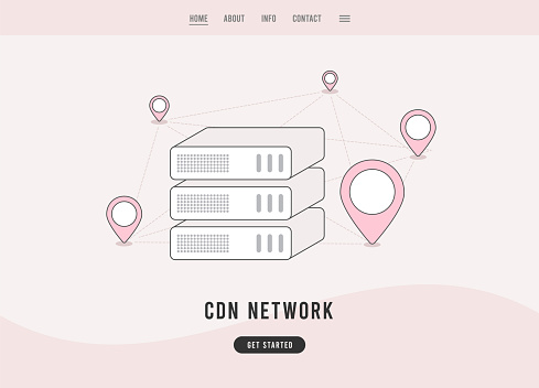 Content delivery network - CDN concept. Geographically distributed data centers, network of proxy servers. Linear outline flat design vector landing page template. Vector illustration