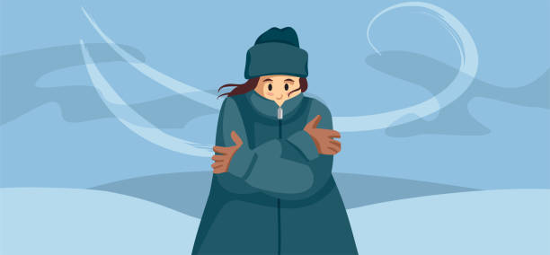 žena v teplém oblečení během zimního blistru vektorová kreslená ilustrace - studená teplota stock ilustrace