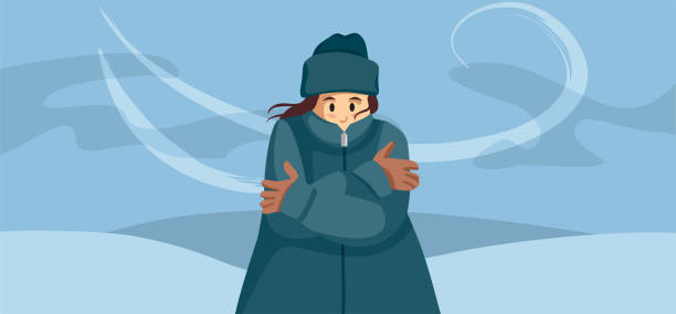 Woman Wearing Warm Clothes During Winter Blister Vector Cartoon Illustration Shivering person feeling cold during seasonal snowstorm seasonal affective disorder stock illustrations