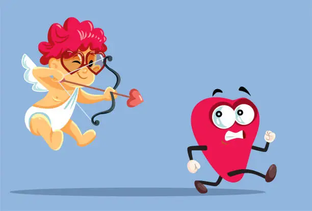 Vector illustration of Cupid Following a Running Heart Character Vector Cartoon Illustration