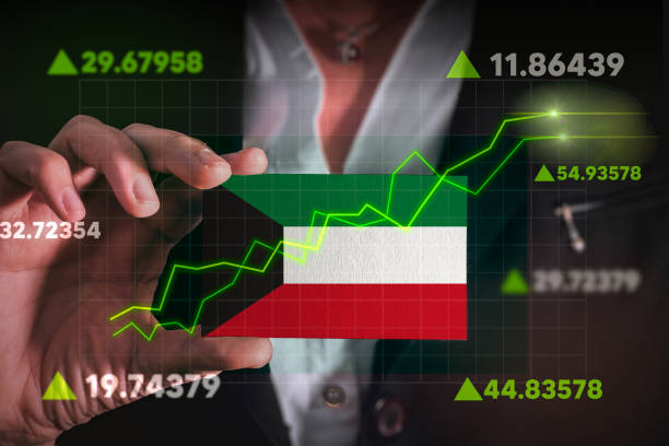 Graph growing up in Front Of Kuwait Flag. stock photo