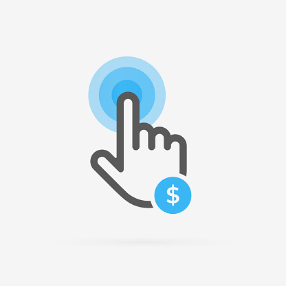 Pay per Click vector icon. PPC or CPL Cost per Lead digital marketing advertising strategy. Hand in the form of a cursor with an icon of money, clicks on advertising concept with black and blue color.