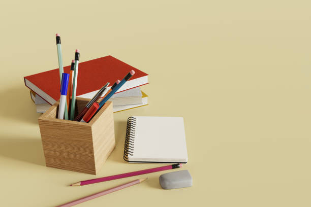 istock Background with pencil case and textbook books 1455403744