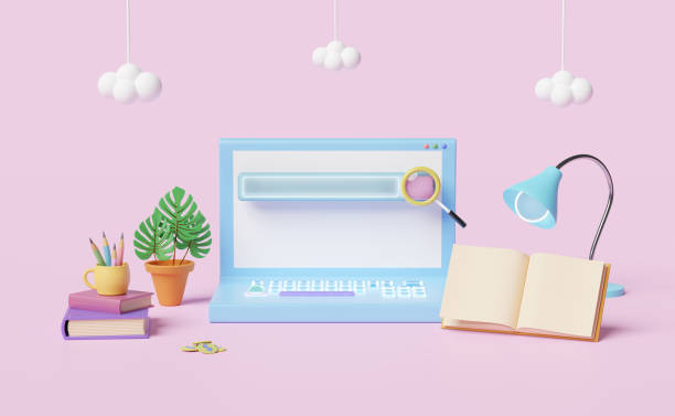istock laptop computer with blank search bar, magnifying glass, book, lamp, coffee cup, pencil,cloud isolated on pink background.web search engine or web browsing concept,3d illustration or 3d render 1455408873