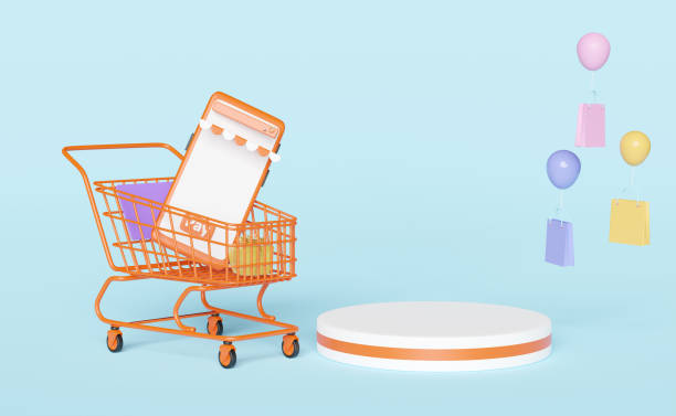 istock stage podium empty space and orange mobile phone or smartphone with store front,shopping cart,paper bag  isolated on blue background.online shopping,search data concept ,3d illustration or 3d render 1455408965