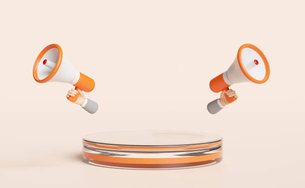 istock orange stage podium empty with businessman hands holding megaphone or hand speaker isolated on white background ,Concept 3d illustration or 3d render 1455409024