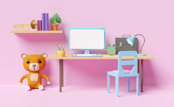istock office room or home office workplace with computer,desk,chair,teddy bear, book,lamp, coffee cup in pink room. work from home,information researching concept,3d illustration or 3d render 1455409095