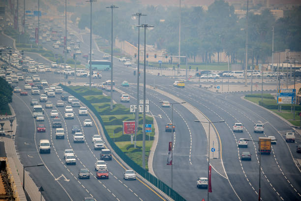 Doha, Qatar - January 02, 2023: Doha Traffic and Road in Rain