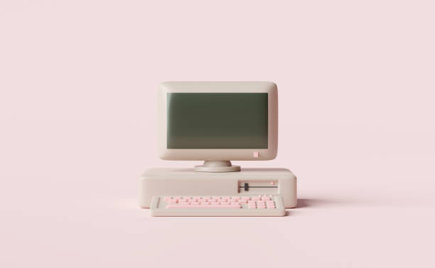 istock Old desktop computer monitor with blank screen,keyboard isolated on pink background.concept 3d illustration or 3d render 1455409867