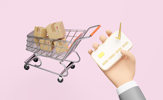 businessman hands holding credit card check with goods cardboard box,shopping cart isolated on pink background.online shopping concept,3d illustration or 3d render