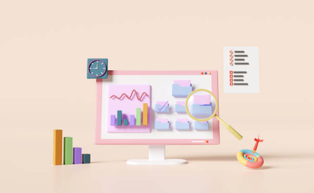 istock computer with charts graph,analysis business financial data,target,darts,magnifying glass,folder isolated on pink background.Online marketing,business strategy concept,3d illustration,3d render 1455411956