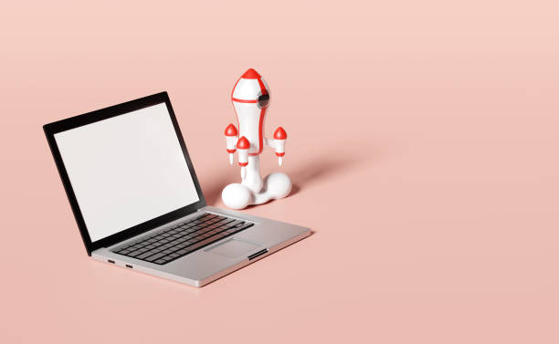 istock red white space ship or rocket launch in smoke with laptop computer isolated on beige background.start up template or business concept,3d illustration or 3d render 1455411986