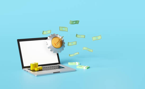 istock laptop computer with round shield ,coins,banknote isolated on blue background.Internet security or privacy protection or ransomware protect concept,3d illustration or 3d render 1455412080