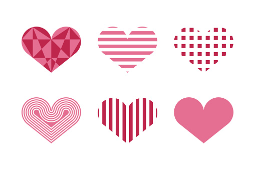 Set of hearts with decorative fill. Valentines Day Card. Vector illustration