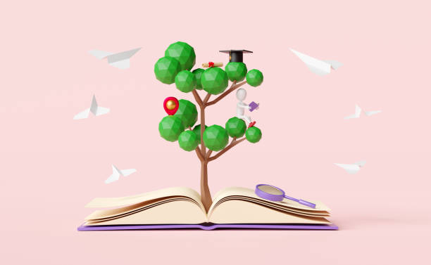 istock open book with red pin,tree, graduation hat,magnifying glass,paper plane,diploma rolled,stick man isolated on pink pastel background.achieve goals and success concept ,3d illustration or 3d render 1455413346