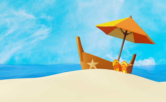 summer travel with ship or boat,sandals,starfish,cloud,umbrella,island,sea waves isolated on blue sky background, concept 3d illustration or 3d render
