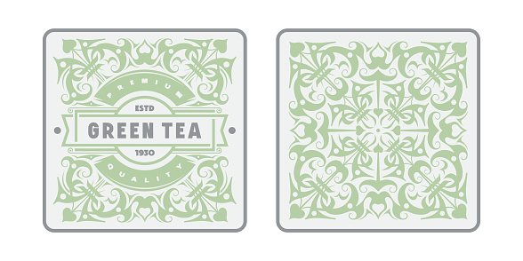 Template decorative label, coaster and tag for green tea and other product. Design with floral ornament in retro style and pastel color. Vector illustration
