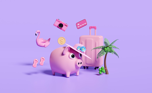 pink piggy bank with coconut,suitcase,camera,Inflatable flamingo,credit card,sandals,hat,coin isolated on purple background.save money for summer travel vacation concept,3d illustration,3d render