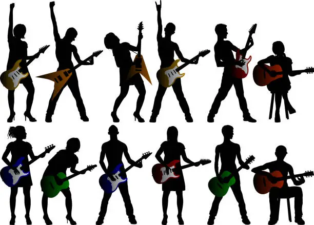 Vector illustration of Highly Detailed Guitarist Silhouettes