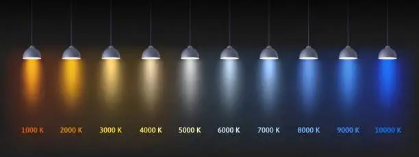 Vector illustration of Color temperature scale. Interior lights color chart in Kelvins, cold and warm lighting lamps vector Illustration