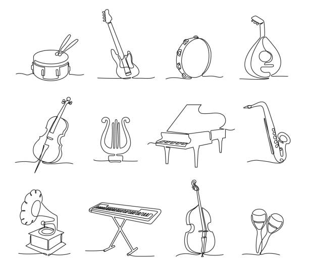 One continuous line musical instruments. Instrumental music, different concert sounds icons hand drawn vector illustration set One continuous line musical instruments. Instrumental music, different concert sounds icons hand drawn vector illustration set. Isolated equipment as drum, guitar, harp piano and violin musical equipment stock illustrations