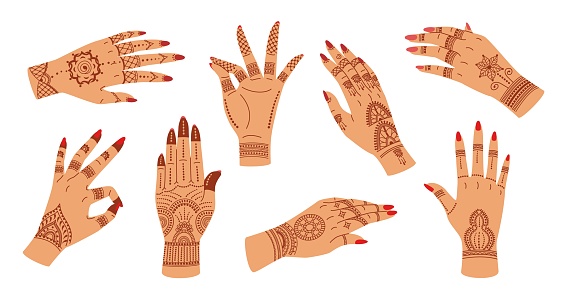 Mehndi ceremony hands. Elegant woman hand with Indian patterns henna tattoo. Hand gestures with floral ornaments vector illustration set. Ornament for bridal tradition, wedding painting