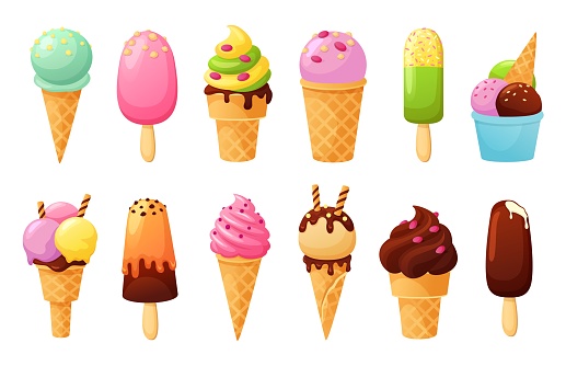 Cartoon ice cream. Tasty fruit ice, sweet summer sundaes in cone and cold delicious gelato vector illustration set. Desserts with chocolate, pistachio, strawberry tastes with topping