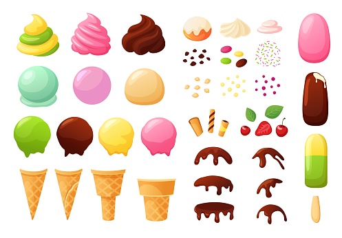 Create your own ice cream. Sundae constructor with different flavours, waffle cone, chocolate topping, sprinkles and berries vector set. Colorful balls with different tastes, cookies and fruit