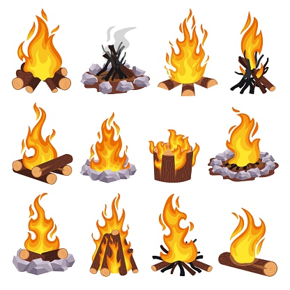 Cartoon campfire. Wood bonfire, burning log and fieldstone fire pit. Stacking firewood types and extinguished fire vector illustration set. Outdoor summer burning wood, camping activity