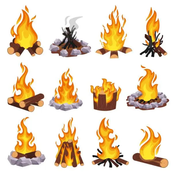 Vector illustration of Cartoon campfire. Wood bonfire, burning log and fieldstone fire pit. Stacking firewood types and extinguished fire vector illustration set
