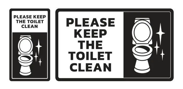 Vector illustration of Please keep toilet clean sign. Restroom cleaning reminder label, shiny toilet and cleanup WC information plate vector template