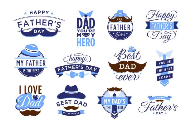 Happy Father Day label. Vintage badge for best father ever and hero dad, congratulation sticker vector set Happy Father Day label. Vintage badge for best father ever and hero dad, congratulation sticker vector set. Celebrating male holiday, elements for greeting cards with lettering or text best dad ever stock illustrations
