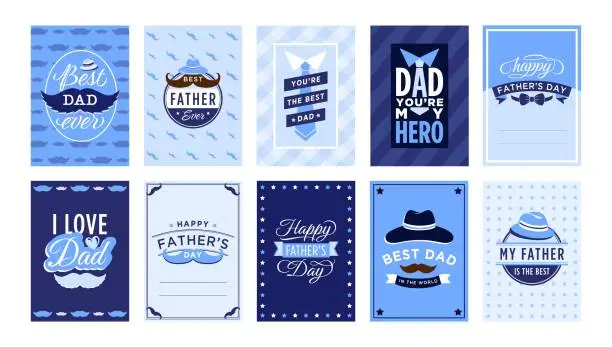 Vector illustration of Father Day greeting card. Best dad ever badge, happy fathers day congratulation lettering vintage vector set