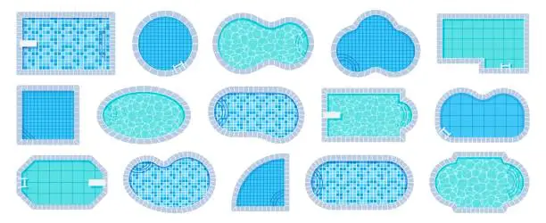 Vector illustration of Top view pool. Swimming pools of different shapes with tile and water caustics texture vector illustration set