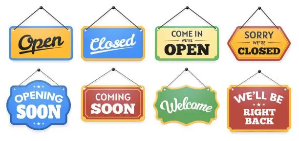 Vector illustration of Store door sign. Come in were open and closed signboard note, opening and coming soon, welcome and well be right back vector set