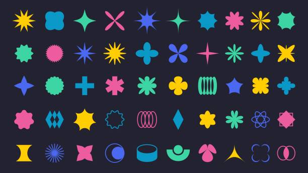 Brutalism geometric shapes. Minimalist abstract forms, basic shape elements and modern graphic figures vector set Brutalism geometric shapes. Minimalist abstract forms, basic shape elements and modern graphic figures vector set. Cartoon simple star, cross and flower flat stickers fun stock illustrations