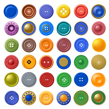 Color buttons for clothes. Realistic plastic fastener, sewing button and tailor clothing accessory vector set. Colorful dressmaking element for modern and antique outfit, casual garment
