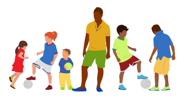 illustrations, cliparts, dessins animés et icônes de superviser les enfants qui jouent au soccer - soccer player soccer sport people