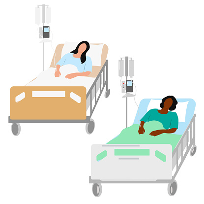 istock Woman In Hospital Bed Blue Blankets 1455417673