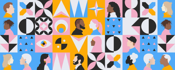 kreatywne nowoczesne tło różnorodności, integracji, komunikacji w wielokulturowej grupie społeczności. ilustracja abstrakcyjnych ludzi z różnych kultur i epok - silhouette  obrazy stock illustrations