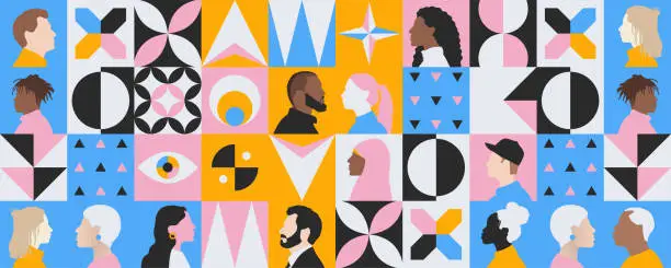 Vector illustration of creative modern background of diversity inclusion communication in multicultural community group. illustration of abstract people from different cultures and age
