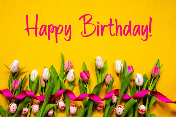 istock Colorful Tulip, Text Happy Birthday, Easter Egg, Yellow Background 1455418794
