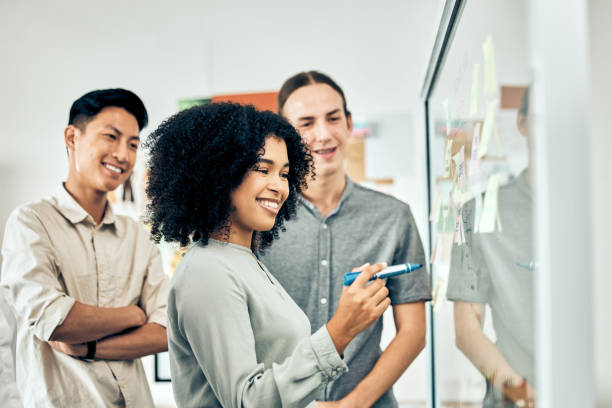 istock Diversity, teamwork and brainstorming, a team of startup employees with sticky notes in an office. Happy young black woman writing on a white board with idea from businessmen at workshop or meeting 1455418946