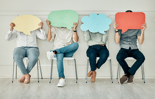 People, chair row and speech bubble opinion with audience at workshop conference for diverse poll. Feedback, independent thinking or anonymous voice at a public convention meeting forum.