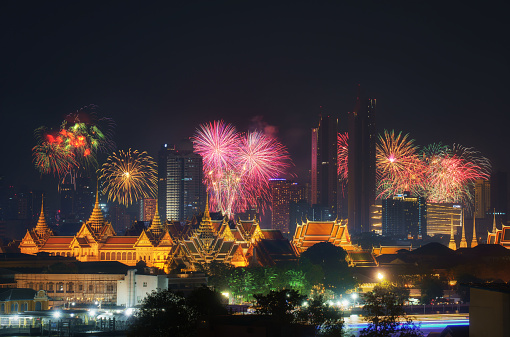 Fireworks New Year Festival in Bangkok at Night, Thailand