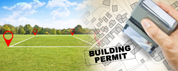 istock Land plot management - real estate concept with a vacant land available for building construction in a residential area for sale and imaginary cadastral map 1455419851