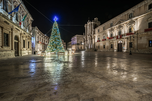 Syracuse Sicily. Cathedral square in the Christmas night.